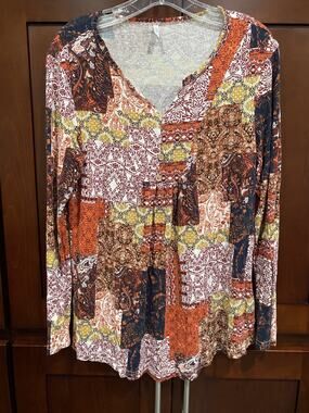 Cathy Woman Orange/Black/Yellow/White Tunic Top Long Sleeves Large!